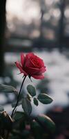 Beautiful red rose blooms in a serene garden during early morning light photo
