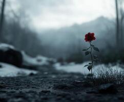 Solitary red rose blooming in a snowy landscape at twilight photo