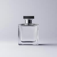 Minimalist glass perfume bottle on a soft gray background showcasing elegance photo
