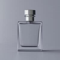Elegant glass perfume bottle on gray background showcasing minimalist design photo