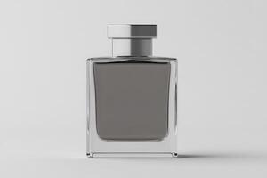 Elegant square perfume bottle with minimalist design on simple background photo