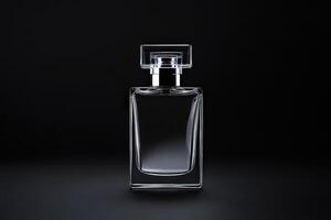 Elegant clear glass perfume bottle on a dark background photo