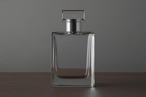 Crisp glass perfume bottle elegantly displayed on a wooden surface in soft light photo