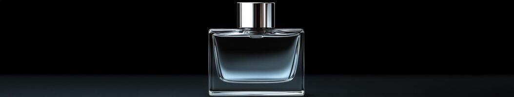 Clear glass perfume bottle on a black background with elegant design details photo