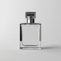 Elegant glass perfume bottle with a minimalist design on a neutral background photo