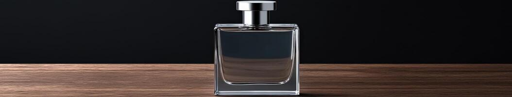 Elegant glass perfume bottle on wooden surface in soft lighting photo