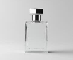 Elegant clear glass perfume bottle with silver cap on light background photo