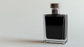 Sleek black perfume bottle with silver accents on minimalistic background photo