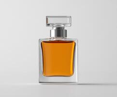 Elegant glass perfume bottle with amber liquid on simple background photo