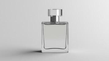 Elegant clear glass perfume bottle displayed on a minimalistic background photo