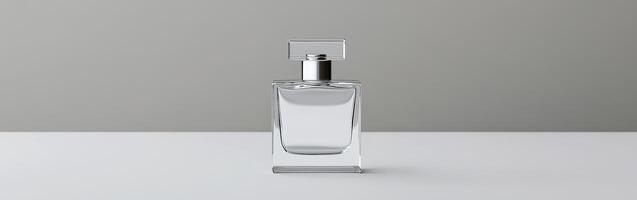 Elegant clear glass perfume bottle on a neutral surface photo