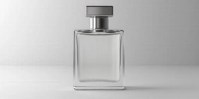 Elegant clear perfume bottle on a minimalist surface with soft lighting photo