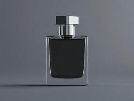Dark glass perfume bottle with silver cap on minimalist background photo