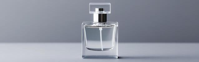 Elegant glass perfume bottle placed on a minimalist surface and background photo