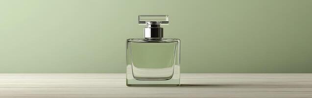 Elegant glass perfume bottle on wood, with a green background photo