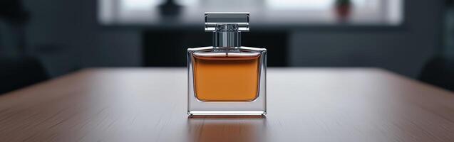 Elegant glass bottle with amber liquid on wooden table in bright room photo
