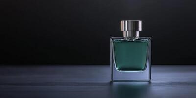 Elegant glass bottle of fragrance displayed on a dark surface photo