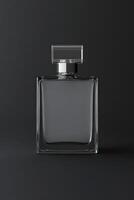 Elegant glass perfume bottle on dark background with reflective surface photo