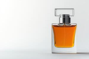 Elegant glass perfume bottle with amber liquid on neutral background photo