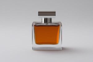 Elegant amber perfume bottle on gray background showcasing luxury artistry photo