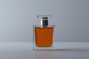 Elegant glass perfume bottle with rich amber liquid on simple background photo