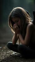Young girl with angel wings in a tranquil forest setting during twilight photo