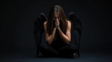 Dark angel sitting in contemplation with folded hands in a dimly lit space photo
