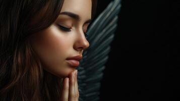 Woman with angel wings in soft lighting poses gracefully in profile photo