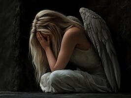 Fallen angel in sorrow reflecting on lost dreams in dim light photo
