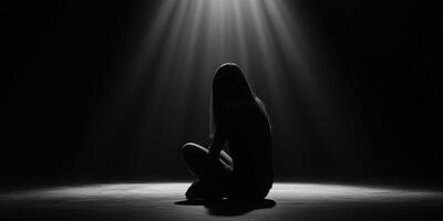 Silhouette of a person lost in thought under a dramatic spotlight photo