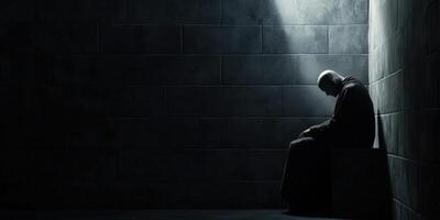 Contemplative monk in solitude reflecting in a dimly lit space photo