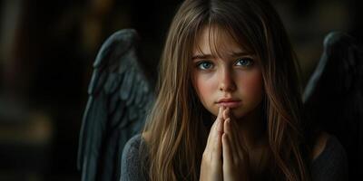 Young girl with angel wings expresses hope and longing in a dimly lit setting photo