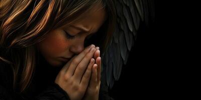 Child in deep contemplation with angelic wings in dim light photo