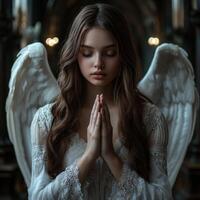 Young woman with angel wings praying in a dimly lit cathedral setting photo