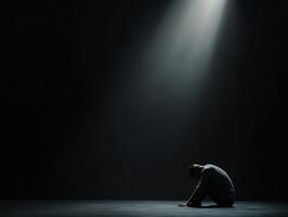 A man sits in a dimly lit area, bent over with a posture of reflection photo