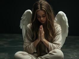 Praying angel with white wings in a serene indoor setting photo