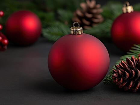 Red Christmas ornaments and pine cones arranged on a dark table photo