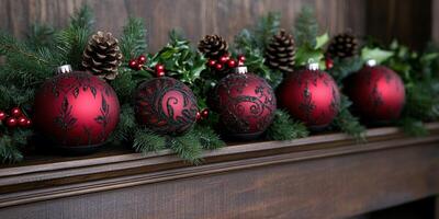 Elegant red and black ornaments on a rustic wooden mantel for the holidays photo