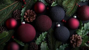 Decorative Christmas ornaments arranged with pine and holly in festive setting photo