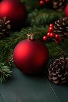 Festive red ornament surrounded by pine cones and evergreen branches photo