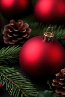 Vibrant red Christmas ornaments surrounded by pine branches and cones photo