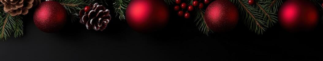 Festive decorations with red ornaments and pine cones for holiday celebrations photo
