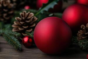 Bright red ornaments and pine cones arranged on green branches for the holidays photo