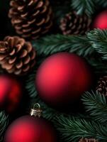 Red ornaments and pine cones on green branches for the holidays photo