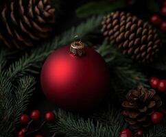 Decorated red Christmas ornament surrounded by pinecones and greenery photo