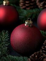 Red Christmas ornaments placed among pine needles and cones in a cozy setting photo