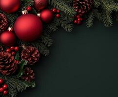 Decorative holiday arrangement with red ornaments and pine cones photo