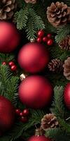 Red ornaments and pinecones arranged in a festive holiday display photo