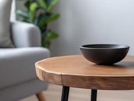 Stylish wooden coffee table with a black bowl in a modern living room photo