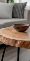 Modern wooden table with a bowl in a stylish living room setting photo